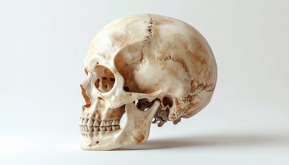 A realistic human skull with detailed features shown in profile view on a white background