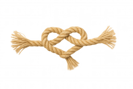 Rope knot creating a heart shape, symbolizing love, romance, marriage, relationship, and connection on transparent background