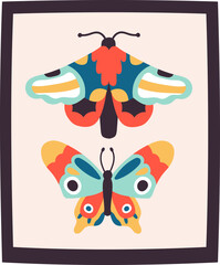 Colorful flying insects stylized illustration in frame