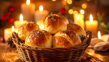Freshly baked rolls in a wicker basket, surrounded by warm candlelight and holiday decorations