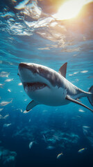 Obraz premium Great white shark swimming underwater with sunlight streaming through the ocean surface. 
