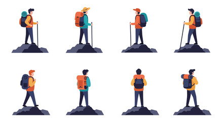 Diverse group of hikers with backpacks and trekking poles illustrated