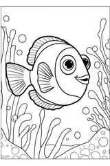 Fototapeta premium Colorful fish swimming among seaweed and bubbles in a playful underwater scene coloring pages concept
