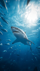 Obraz premium Great white shark swimming underwater with sunlight streaming through the ocean surface. 