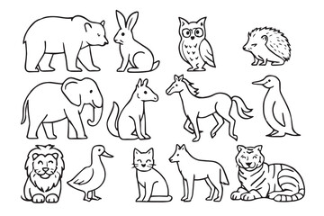 Collection of hand drawn outline animals for childrens educational content