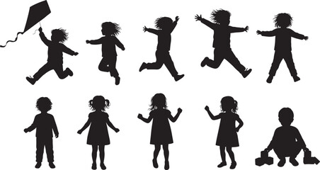 Children silhouette vector, playful and quiet activities, kite flying, running, sitting, waving, building blocks, black illustration, childhood moments, minimalist design