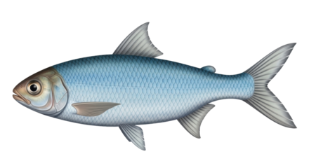 Isolated illustration of a fish with blue scales and gray fins on no background