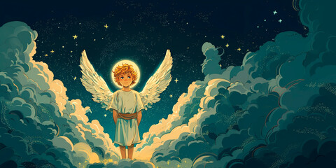 Dibujo simple de ángel masculino con halo celestial en las nubes