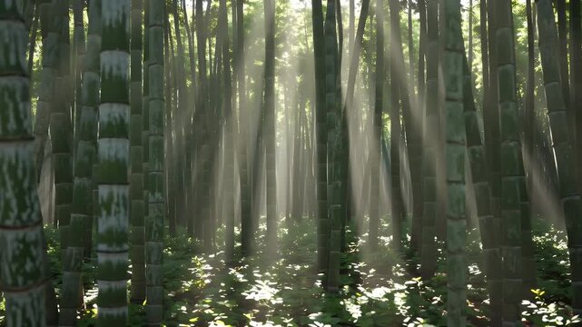 Sunbeams filter through a dense, vibrant green bamboo forest, illuminating the dd forest floor