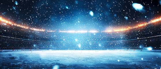 Panoramic view of ice rink with falling snow during hockey tournament. Winter sports theme with motion, energy, and competition atmosphere.