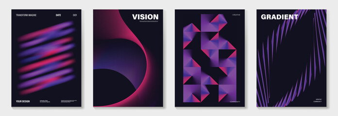 Abstract gradient vector poster set in purple and blue with geometric shapes vertical background for advertising, marketing, and product promotion design