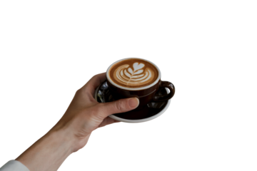 Person Holding Cup of Coffee Latte. Isolated on transparent background, png