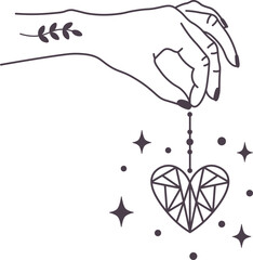 Hand holding geometric heart with stars and magic