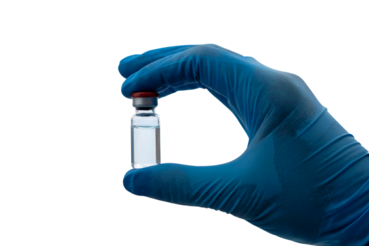 A gloved hand holding a vial of liquid. Isolated on transparent background, png