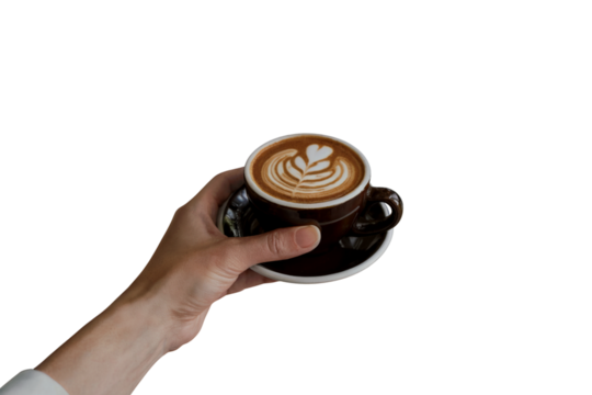 Person Holding Cup of Coffee Latte. Isolated on transparent background, png