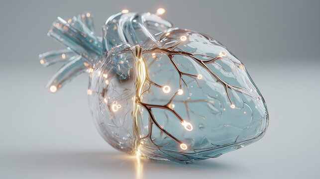 3D hyperrealistic glass brain made of frosted turquoise glass, with glowing neural circuit lines inside intricate thin luminous connections with small circular nodes at the ends. AI microchip