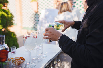 Bartender pours drink for guests at outdoor gathering in sunny setting