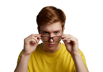 Young man with glasses looking intently isolated on transparent background