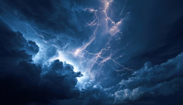 Dramatic night sky with dark clouds and vibrant lightning strikes illuminating the scene