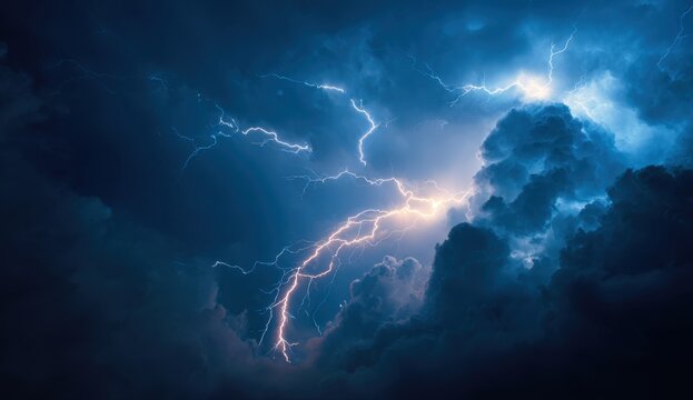 Dramatic lightning storm with bright flashes illuminating dark storm clouds in the sky