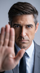 Obraz premium Confident businessman in a gray suit raising his hand forward in a stop gesture inside a modern glass building.
