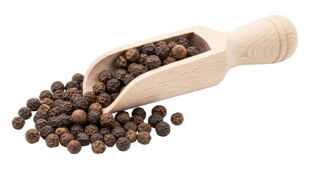 Isolated wooden scoop of black peppercorns, spicy condiment or seasoning ingredient