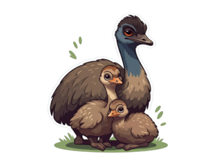 A cute cartoon illustration of an emu parent with its two adorable chicks.