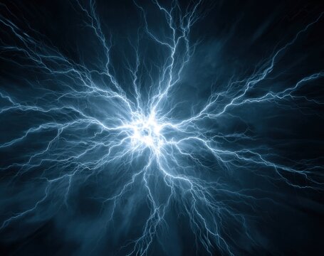 Dynamic lightning bolt striking through dark stormy sky with vivid electrical arcs