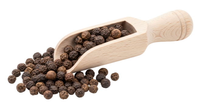 Isolated wooden scoop of black peppercorns, spicy condiment or seasoning ingredient
