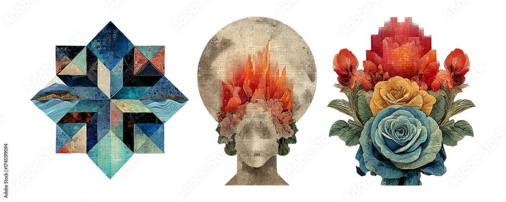 Wall mural retro style cutout collage with colorful objects on transparent background