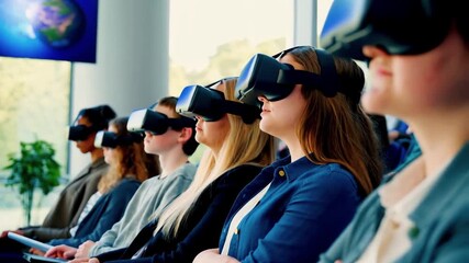 Group of people wearing VR headset indoors, immersive technology experience connecting participants, modern digital and entertainment concept. students of futuristic interaction in educational setting - Powered by Adobe