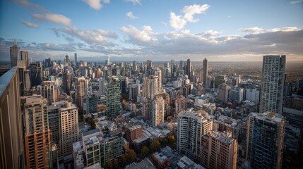Fototapeta premium Melbourne's skyline with skyscrapers at sunset, from high angle view. Use in articles about Australian cities, architecture, and urban life.