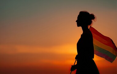 Empowering woman silhouetted against vibrant sunset, holding rainbow flag, symbol of pride and hope, perfect for LGBTQ+ advocacy and diverse campaigns.