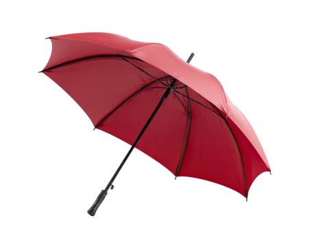 A red, open umbrella against a black background, revealing its interior and structure - Powered by Adobe