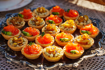 Delicious variety of colorful appetizers served on a silver platter outdoors
