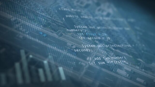 Code programming and graphs overlay urban traffic road. Logistics and transportation software.
