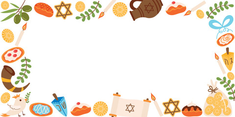 A rectangular frame with dreidels, donuts, an olive branch, and candles.