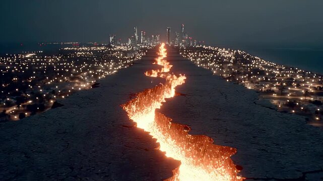Burning Crack Through Cityscape with Orange Flames and Night Sky Illuminated Urban Scene