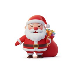 Cute 3D Cartoon Santa Claus Character Standing with Red Sack Full of Wrapped Christmas Gifts on White Background