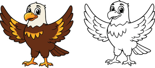 Cartoon eagle with white head, brown wings, and orange beak, proud bird with spread wings in color and outline version, kids coloring page