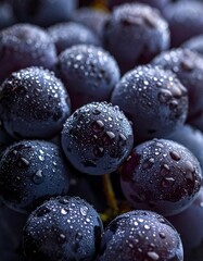 Close-up of a cluster of dark purple grapes covered in water droplets