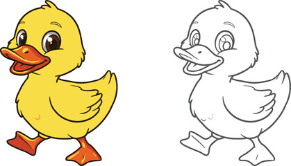 Cartoon duck character with orange beak and feet, bright yellow bird walking with smile, black-and-white outline version, kids coloring book vector