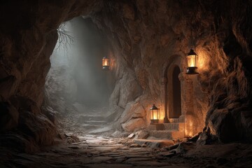 Obraz premium Mysterious cave with stone steps, lamps, & misty light filtering through. Evokes adventure, fantasy, or historical exploration concepts.