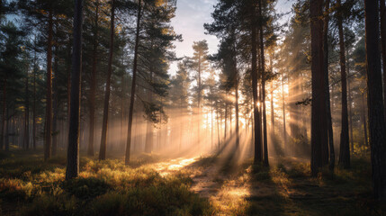 Fototapeta premium The sun is shining through the trees, casting a warm glow on the forest floor