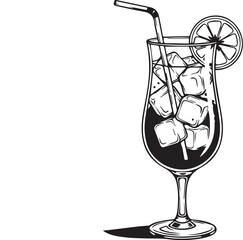 Refreshing tall glass filled with ice cubes and drink topped with lime and straw hand drawn sketch style