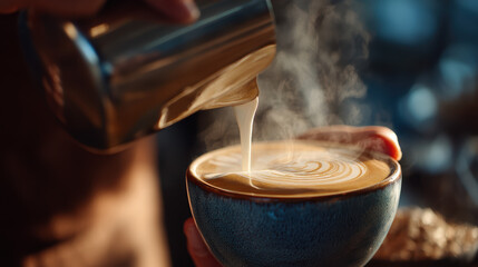 Person is pouring coffee into a blue bowl