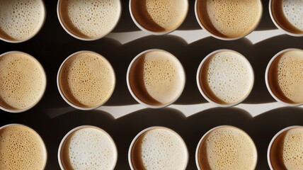 Top view rows of coffee cups with frothy details. Artificial intelligence image