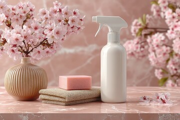 White spray bottle stands next to towels, sponge, and vase with pink cherry blossoms on a marble surface during daytime