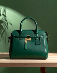 Emerald green leather satchel bag on light wooden surface, studio shot