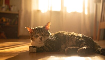 A tabby cat rests in sunbeams on a wooden floor